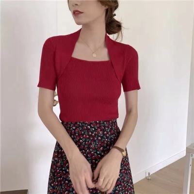 Áo dệt kim ngắn tay cổ vuông thời trang mùa hè xinh xắn cho nữ
