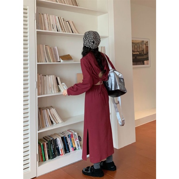 Set áo croptop thắt dây sau lưng và váy dài cho mùa thu xinh xắn