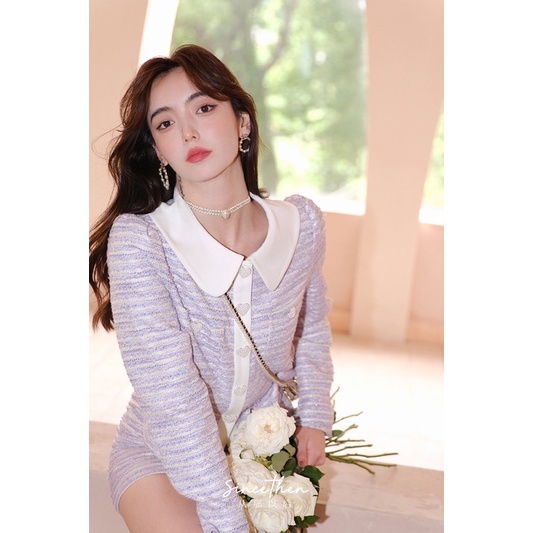 Set áo vải tweed và chân váy tím mộng mơ