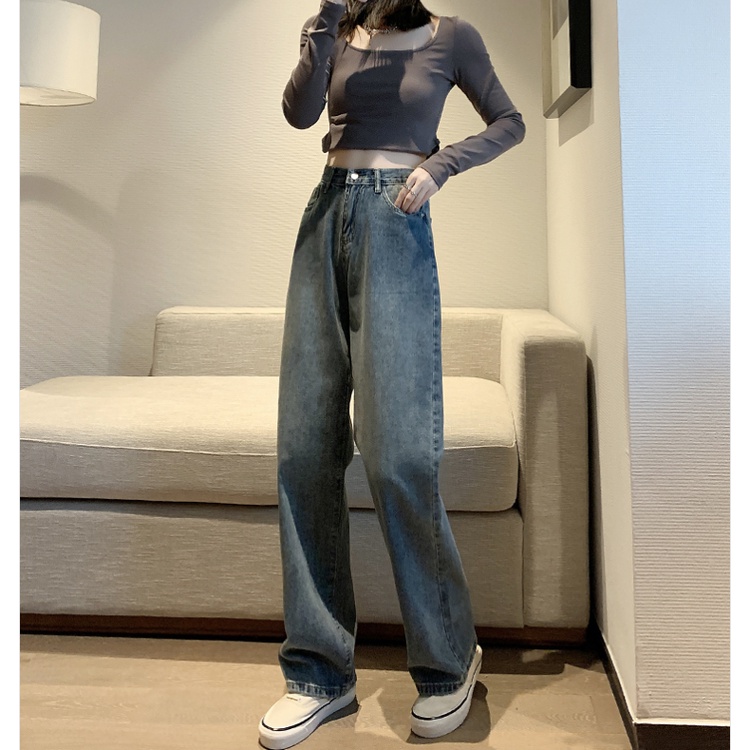 Quần jeans cho nữ lưng cao ống rộng thời trang Hàn Quốc