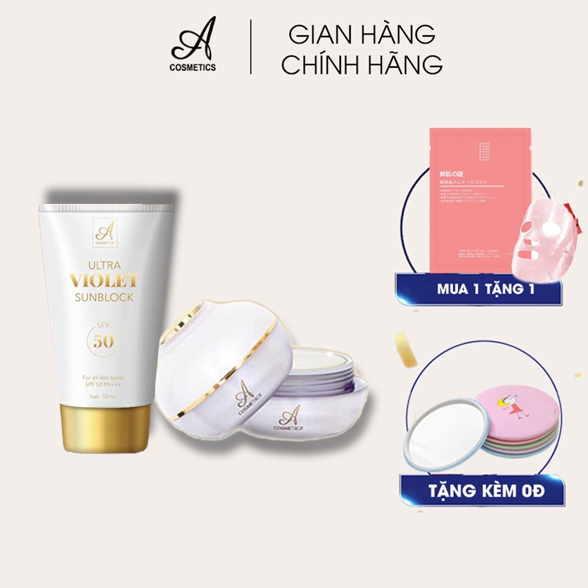 Bộ Acosmetics VIP02 Gồm 1 Kem chống nắng 50ml 1 Kem face pháp 50g, tặng gương