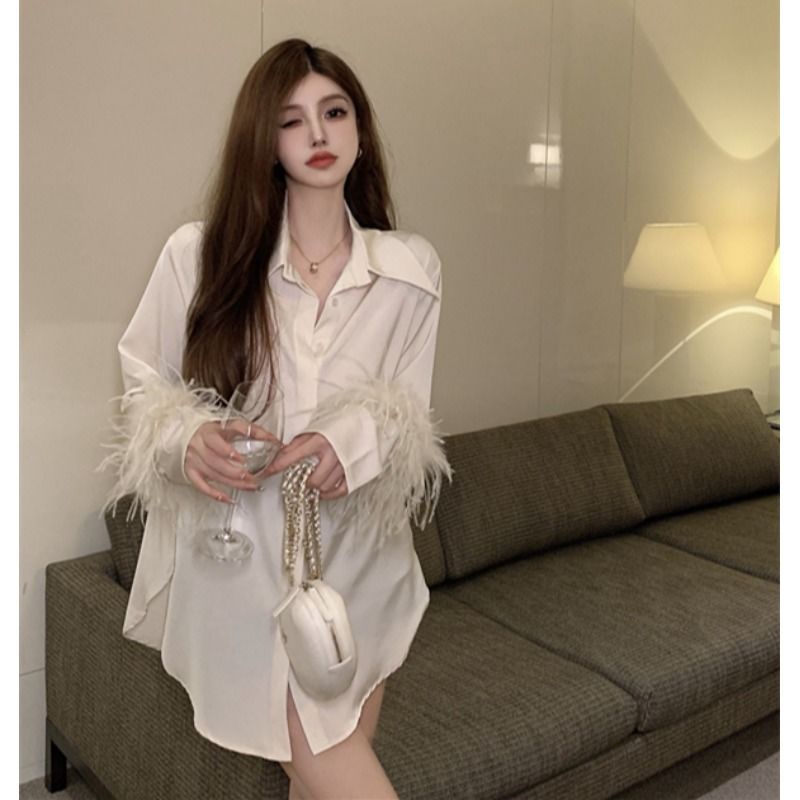 Cổ Phiếu Sẵn Sàng❤Ah F &amp; X Áo Sơ Mi Satin Phối Lông Xù Phong Cách Nữ Thần Cá Tính Thời Trang 2022