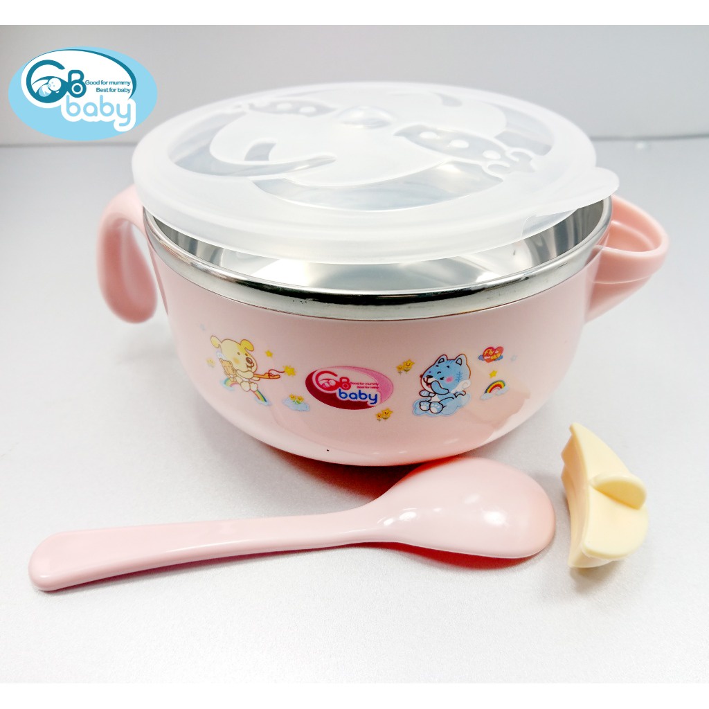 Bát ăn dặm Inox GB-Baby 7739 tặng kèm thìa cùng màu tích hợp chức năng hâm thức ăn ở đáy bát cho bé chính hãng