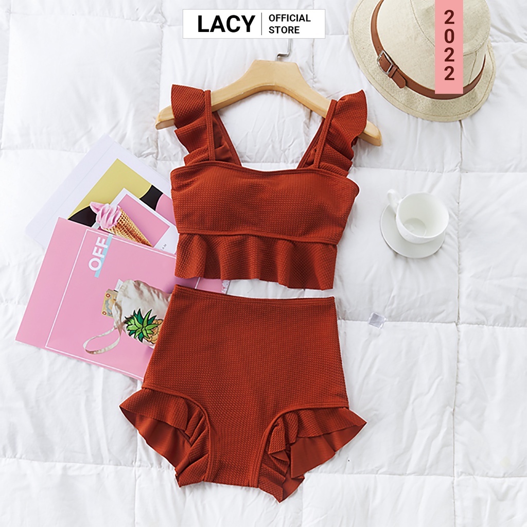 Bikini nữ đồ bơi 2 mảnh kín đáo áo croptop có đệm mút dây xếp ly cánh tiên quần viền xếp ly cạp cao giấu bụng B151 LACY