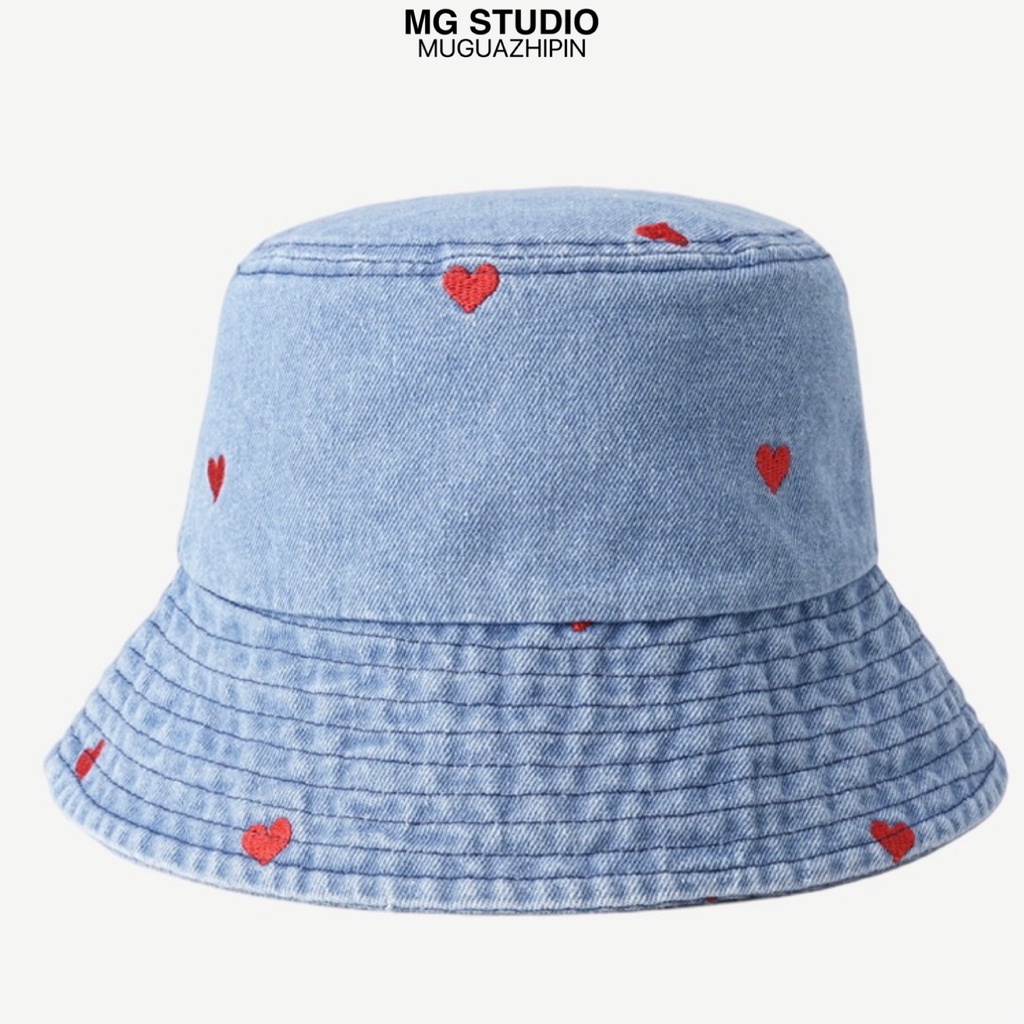 Mũ Tai Bèo MG STUDIO Chất Liệu Denim Họa Tiết Trái Tim 2 Màu Tùy Chọn Thời Trang