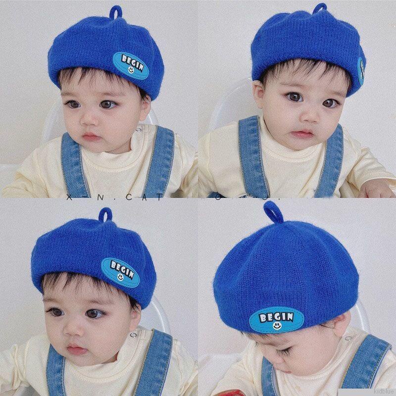 Mũ beret dệt kim hoạ tiết chữ đáng yêu cho bé