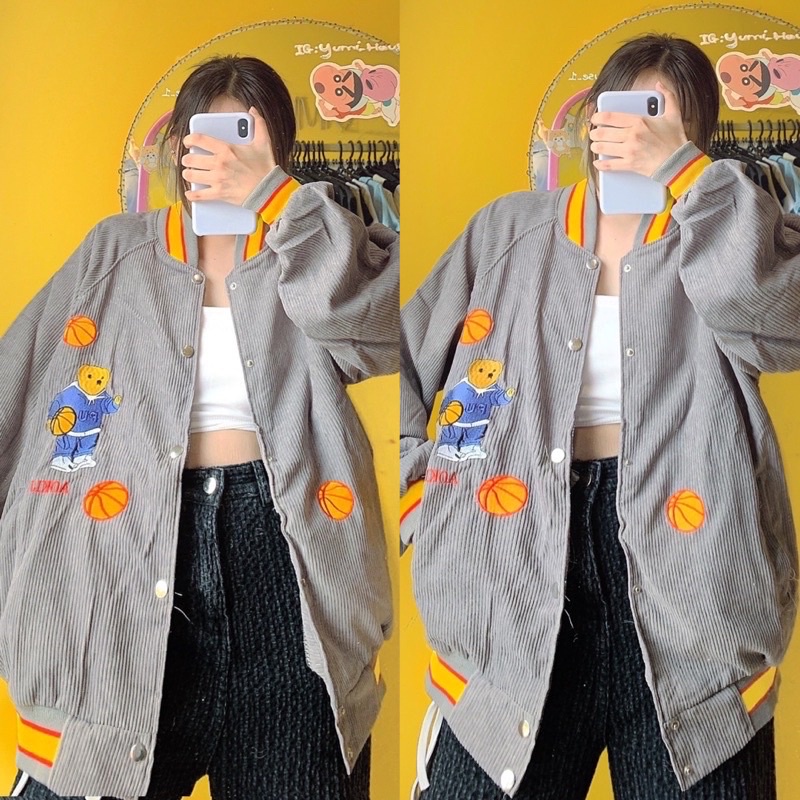 Áo Khoác Bóng Chày Bomber Jacket Thuê Hình Gấu Form Rộng Unisex-AKNTHUEGAU