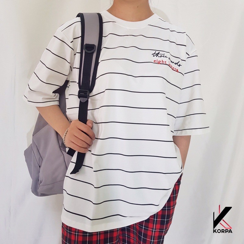[ Ảnh Thật ] Áo thun tay lỡ form rộng sọc thêu chữ Eight letters - Unisex nam nữ đều mặc được
