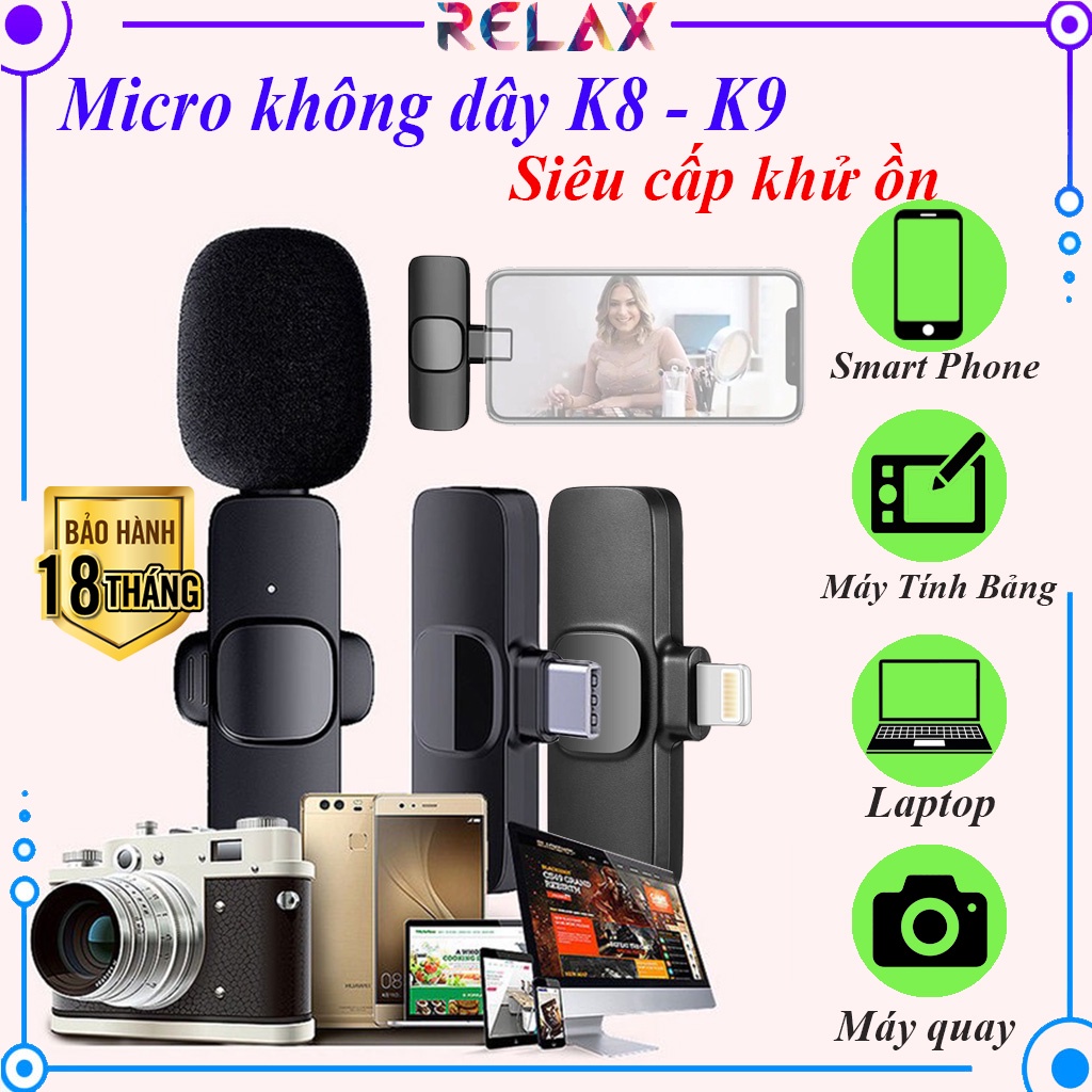 Micro thu âm không dây cài áo K8 - K9 hỗ trợ sạc khi kết nối, Micro cài áo chuyên nghiệp - sử dụng cho quay video - vlog
