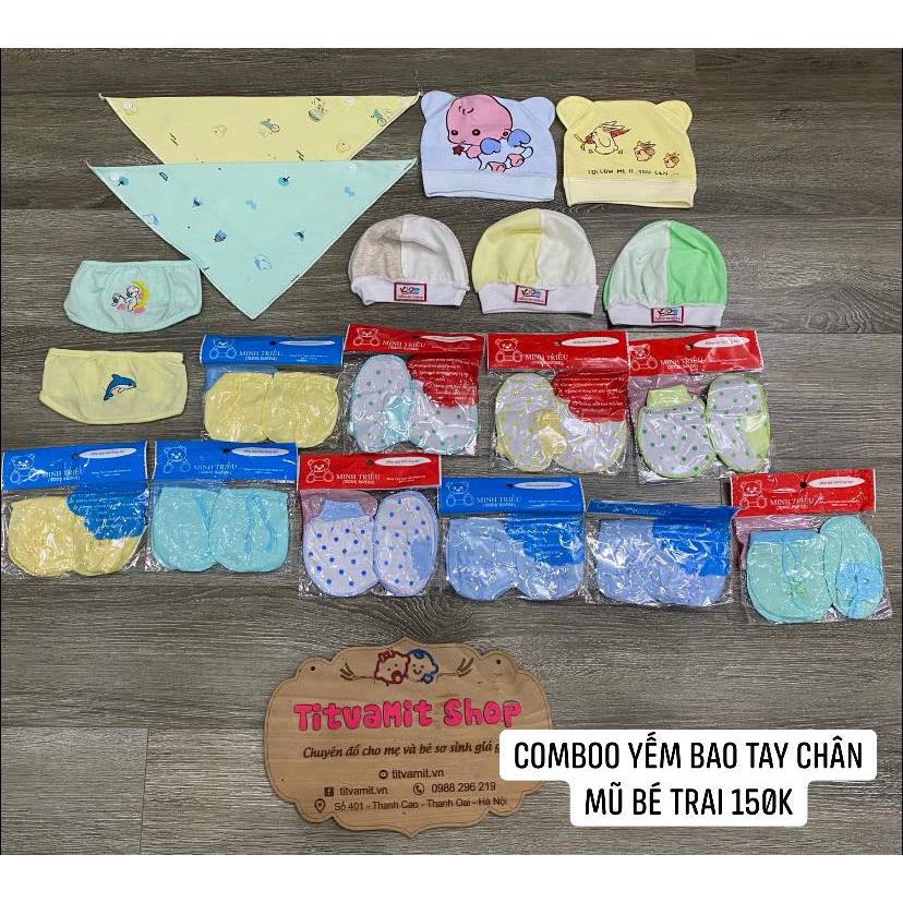 Combo bao tay bao chân mũ bé sơ sinh, combo yếm cho bé