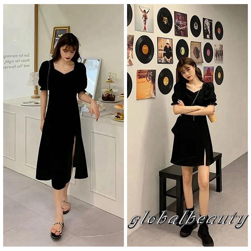 Đầm Chữ A Tay Phồng Ngắn Cổ Chữ V Màu Trơn Thời Trang Mùa Hè Cho Nữ Đen