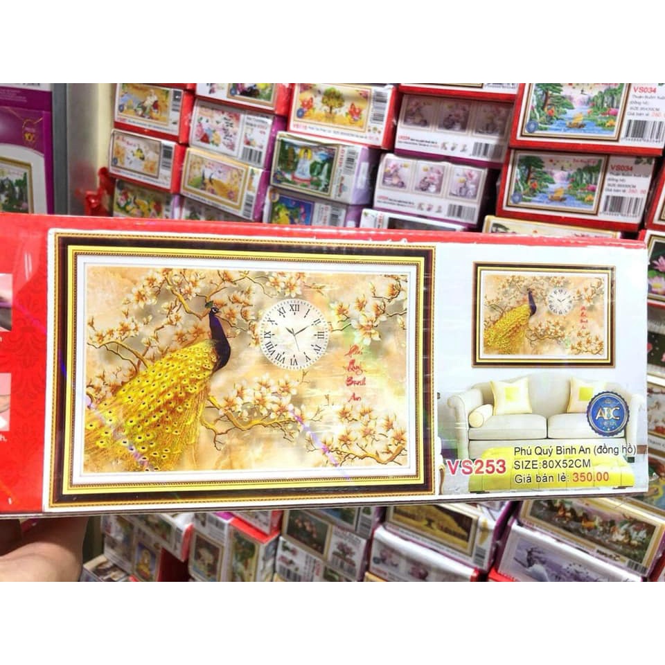 Tranh gắn đá đồng hồ phú quý bình an KT:80x52cm. Tranh đính đá chưa gắn.