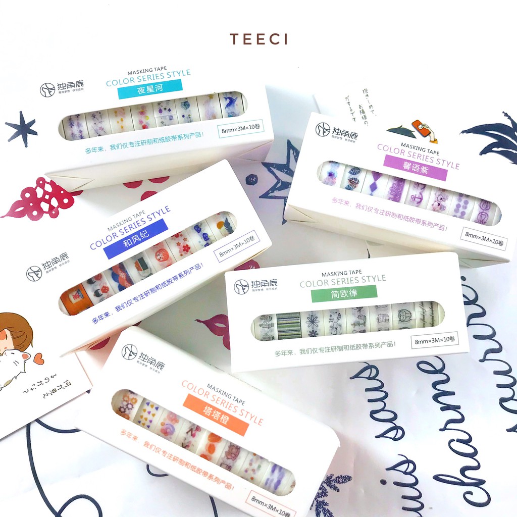 <Video Review> Set 10 Cuộn Băng Keo Dính Washi Tape Họa Tiết Cute Trang Trí Sổ Tay Nhật Kí Khay Đựng Bút D171
