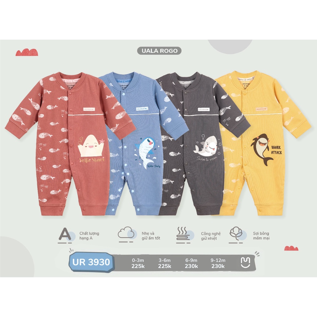 Bodysuit cho bé Uala rogo 0-12 tháng liền thân vải cotton nỉ baby shark giữ ấm gọn gàng cúc giữa dễ thay bỉm 3930