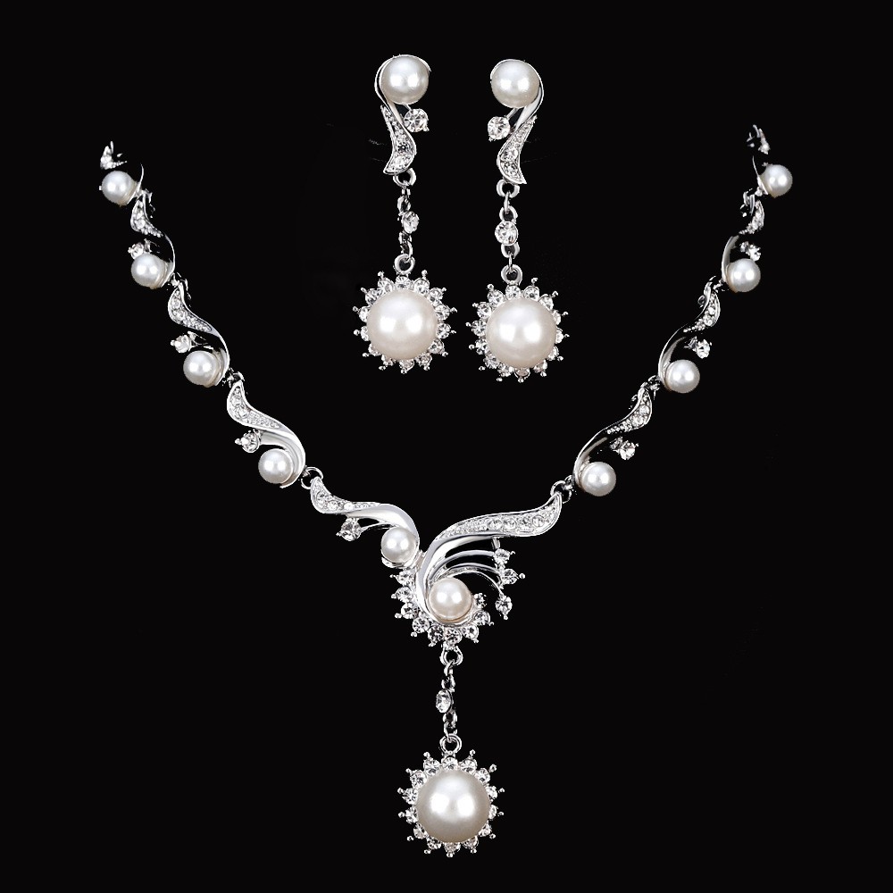 MKEB Bộ nữ trang gồm vòng đeo cổ + bông tai đính đá pha lê nhân tạo cho cô dâu