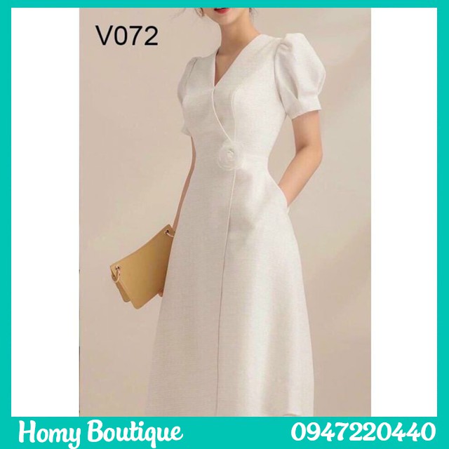 Đầm Công Sở Cổ V Tay Bồng TÔN DÁNG SÁNG DA