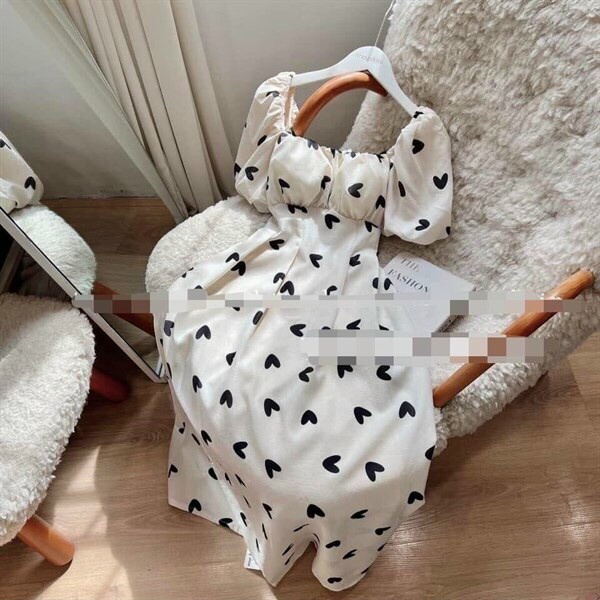 [8.8 Sales Freeship] Đầm maxi trắng nhún ngực tay búp in trái tim, đầm tiểu thư dáng dài cột nơ đen sau lưng xinh xắn