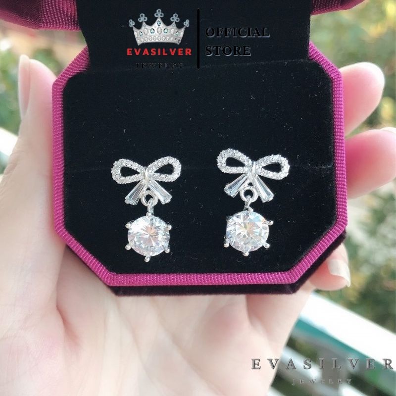 Bông tai bạc hình nơ đính đá li to, chất liệu bạc ta sang trọng nữ tính - Trang sức bạc Evasilver