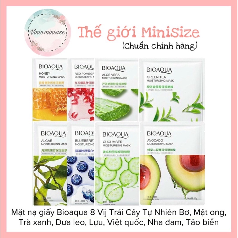 Mặt nạ giấy Bioaqua Trái Cây Tự Nhiên Bơ, Mật ong, Trà xanh, Dưa leo, Lựu, Việt quốc, Nha đam, Tảo biển | Vinie.minisize