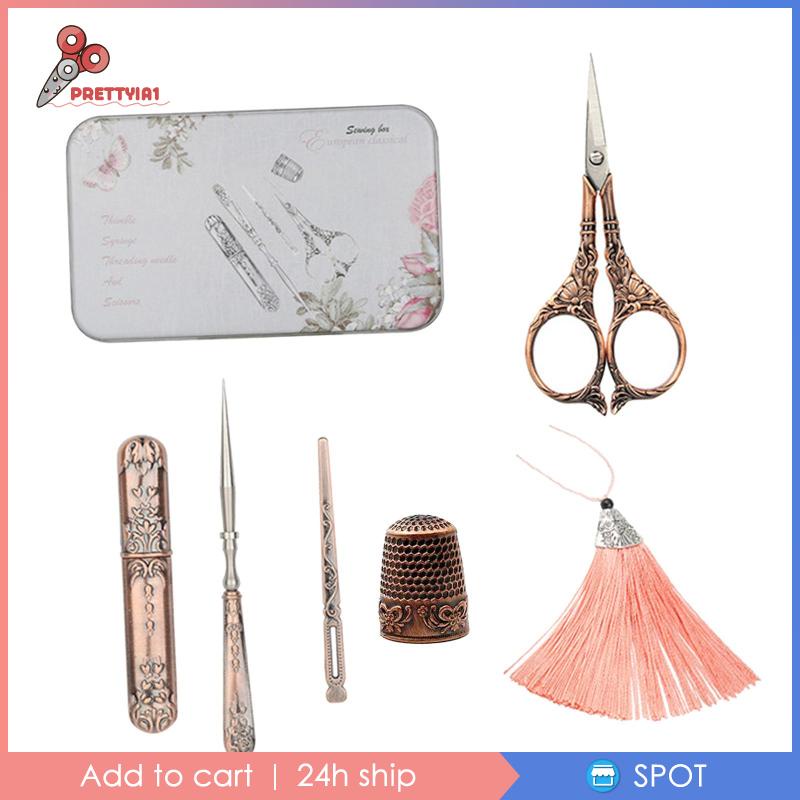 [Prettyia1] Bộ Dụng Cụ Thêu Cổ Điển Hoàn Chỉnh Thimble Awl Lily