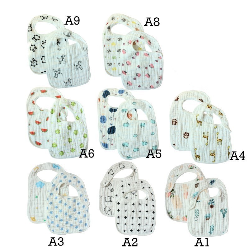 Set 2 yếm ăn vải cotton mềm mại in họa tiết đáng yêu cho bé