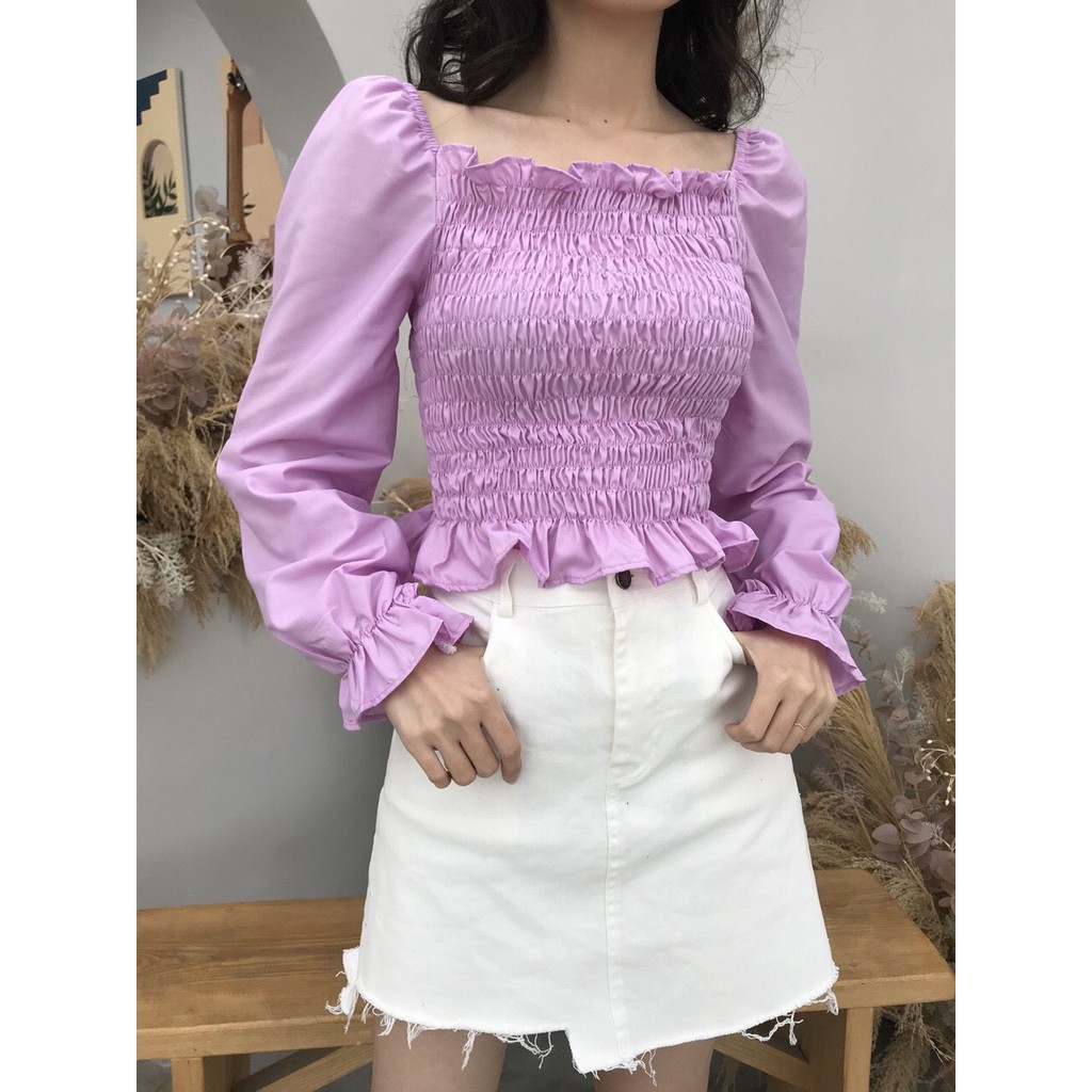 ÁO TRỄ VAI TÍM TAY DÀI BO CHUN DÚM NGỰC HOT - ÁO MẶC 2 KIỂU TÍM BÁNH BÈO