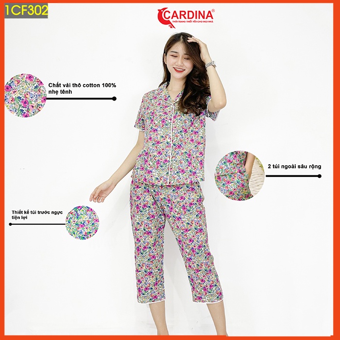 Đồ bộ pijama nữ CARDINA chất cotton thô Nhật cao cấp cộc tay họa tiết tinh tế 1CF3.