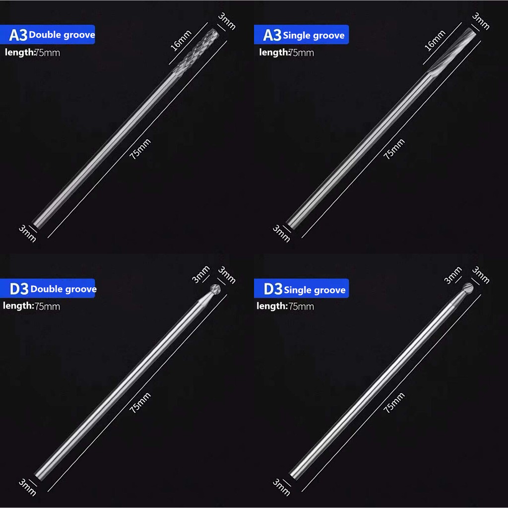 Đầu mài vonfram dài 3x3x75mm với nhiều loại tùy chọn