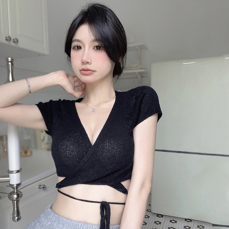 Áo Croptop Dệt Kim Tay Ngắn Cổ Chữ V Màu Sắc Trơn Cột Dây Phong Cách Hàn Quốc Thời Trang Cho Nữ
