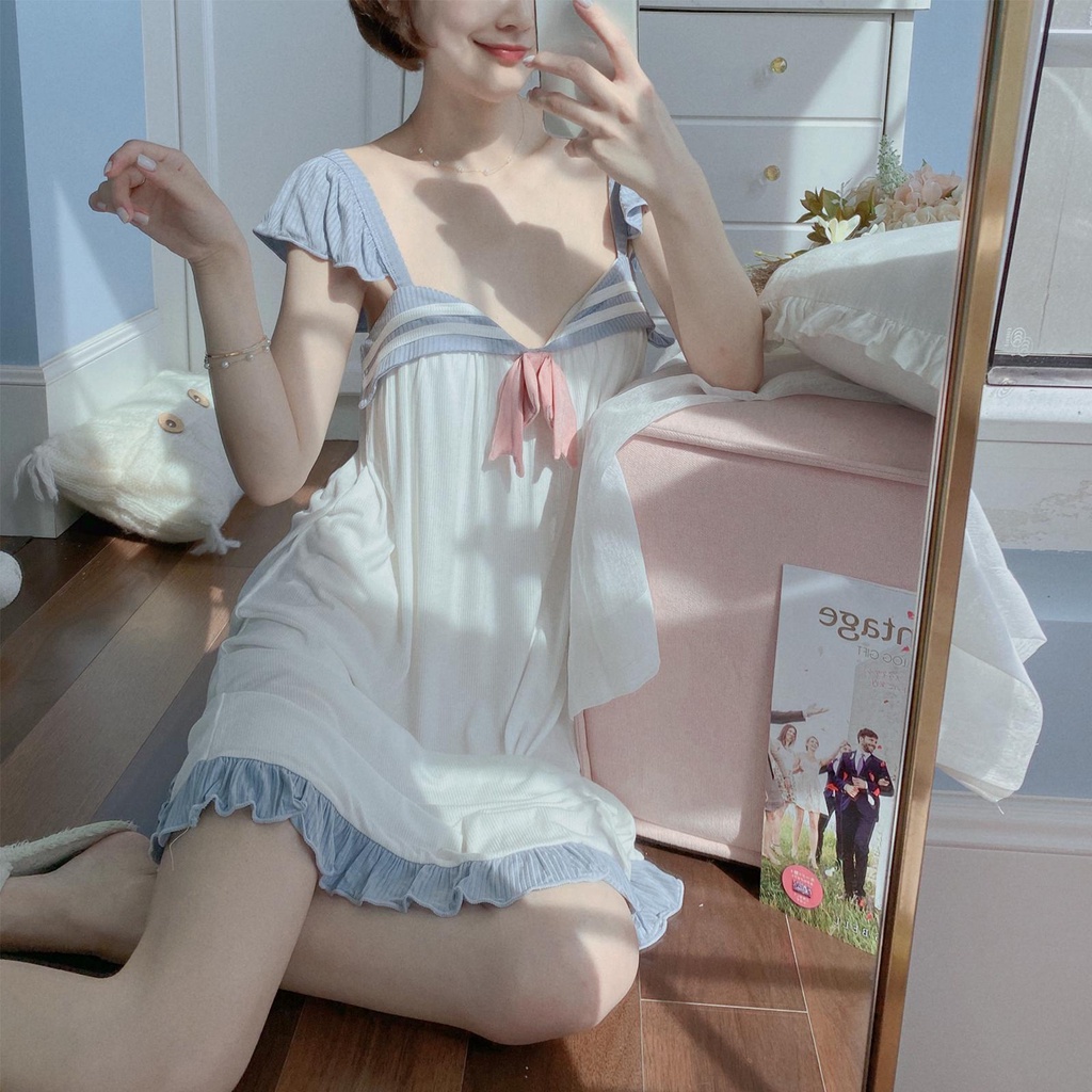 Đầm ngủ hai dây có mút đệm ngực phong cách hải quân cho nữ