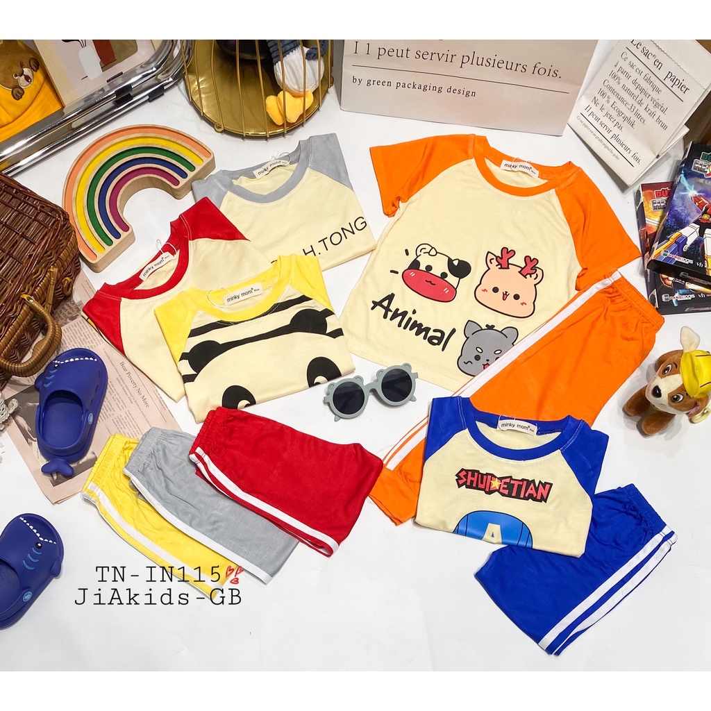 Bộ Tay Ngắn Quần Dài THUN LẠNH MINKY MOM Quần Chạy Sọc Áo In Hình Dễ Thương Cho Bé TN-IN115