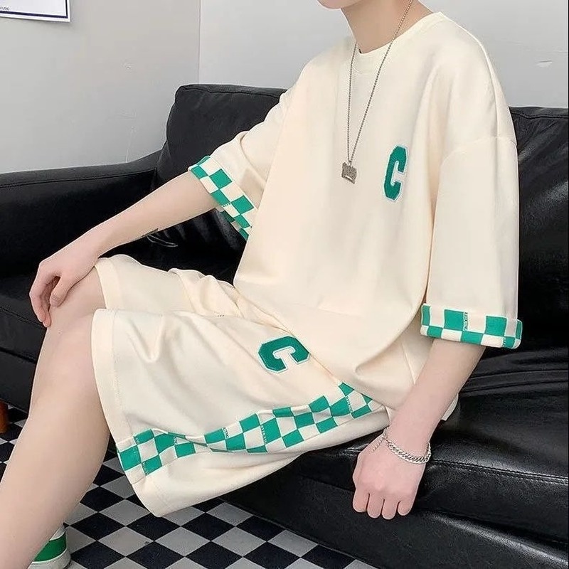 Set Đồ Thể Thao Ngắn Tay Họa Tiết Ô Vuông Thời Trang Mùa Hè Cho Nam