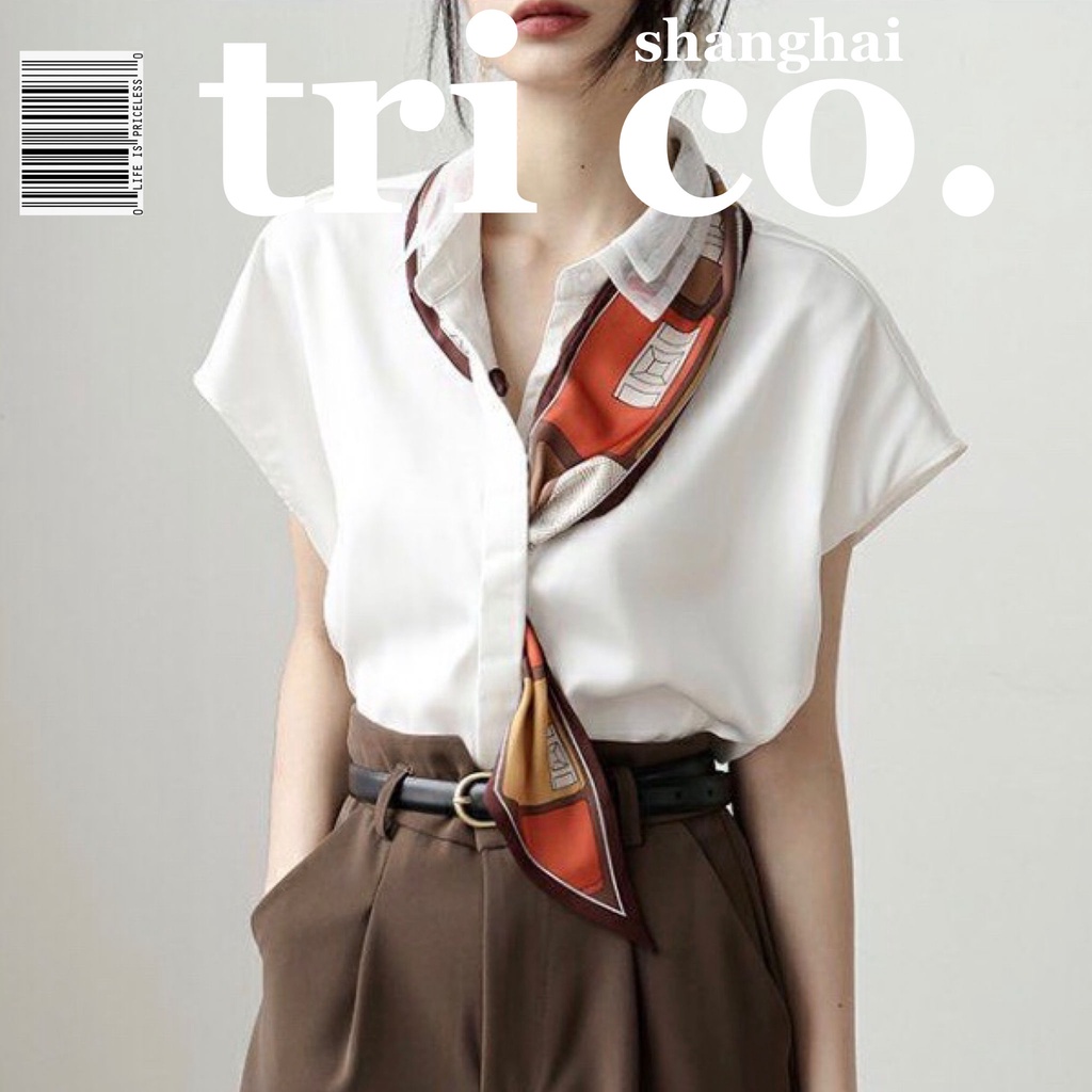 Áo sơ mi chiffon tay ngắn màu trắng phong cách phương Tây mùa hè cho nữ