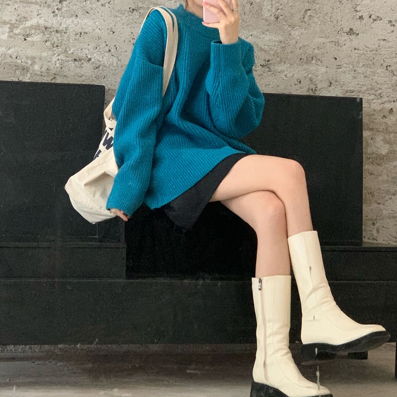 Áo sweater cổ tròn dáng rộng màu trơn mềm mại phong cách Hàn Quốc cho nữ