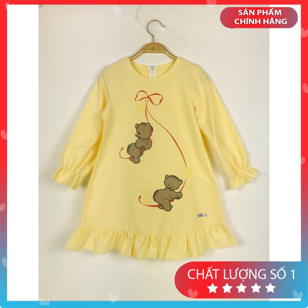 _ Váy bé gái, đầm bé gái suông chữ A in gấu, tay chun HAKI- HK499