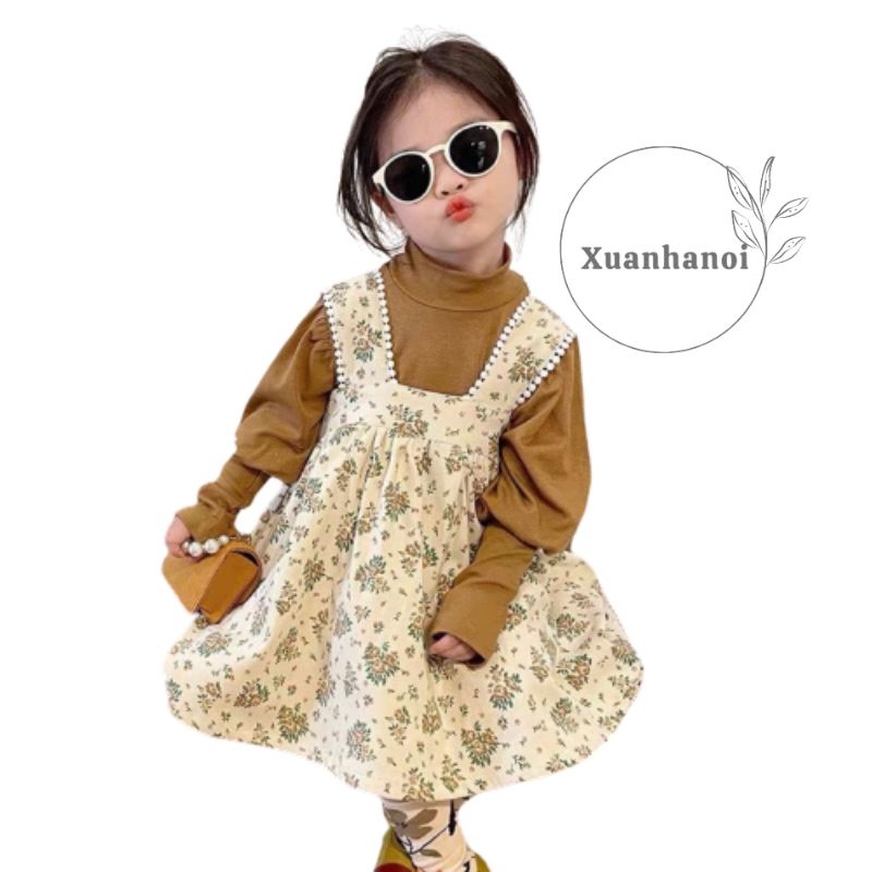 Váy bé gái dài tay yếm hoa nhung tăm và áo thun cổ 3p 2 mầu Nâu/Xanh, áo rời váy yếm XHN1080