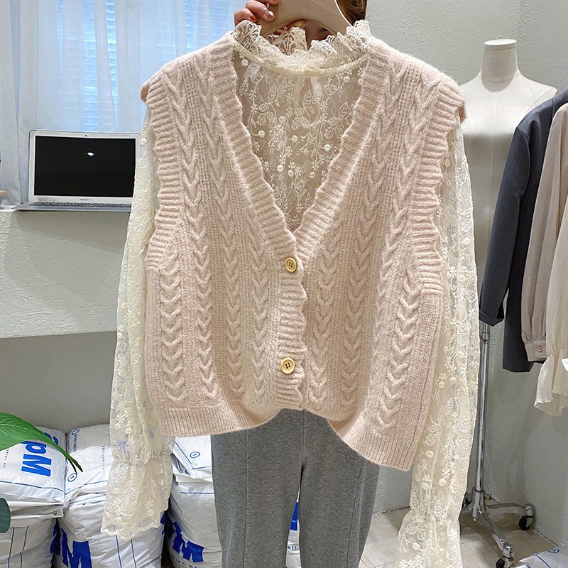 Áo sweater dệt kim cổ chữ v phối ren dễ phối đồ cho nữ