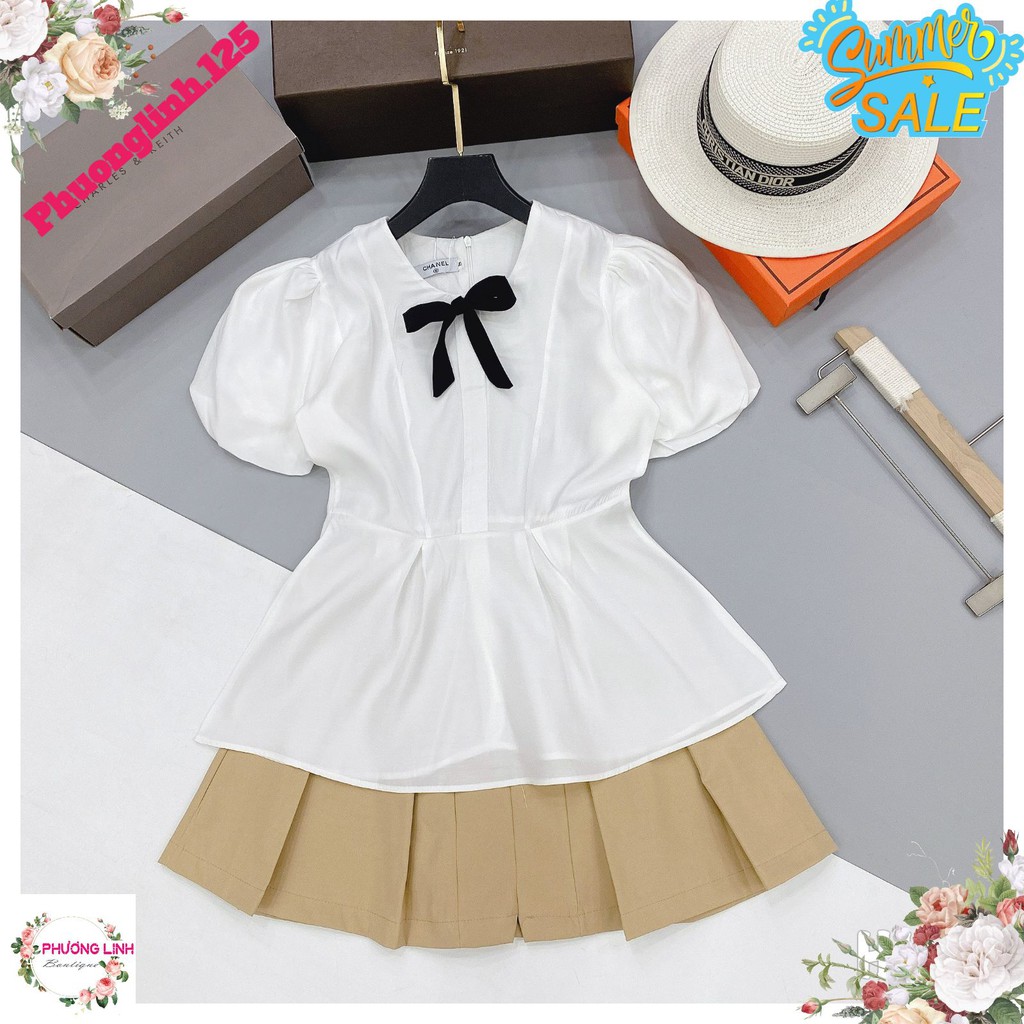 ÁO SƠ MI PEPLUM ĐÍNH NƠ ĐEN TAY BỒNG