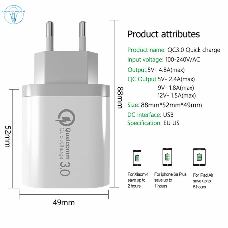 Cốc Sạc Nhanh 3 Cổng Usb 3.0 Cho Điện Thoại