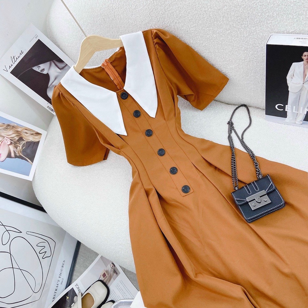 Đầm Tiểu Thư Bèo Nhọn Trắng Phối Nút Giữa Dễ Thương Phong Cách Retro Dịu Dàng