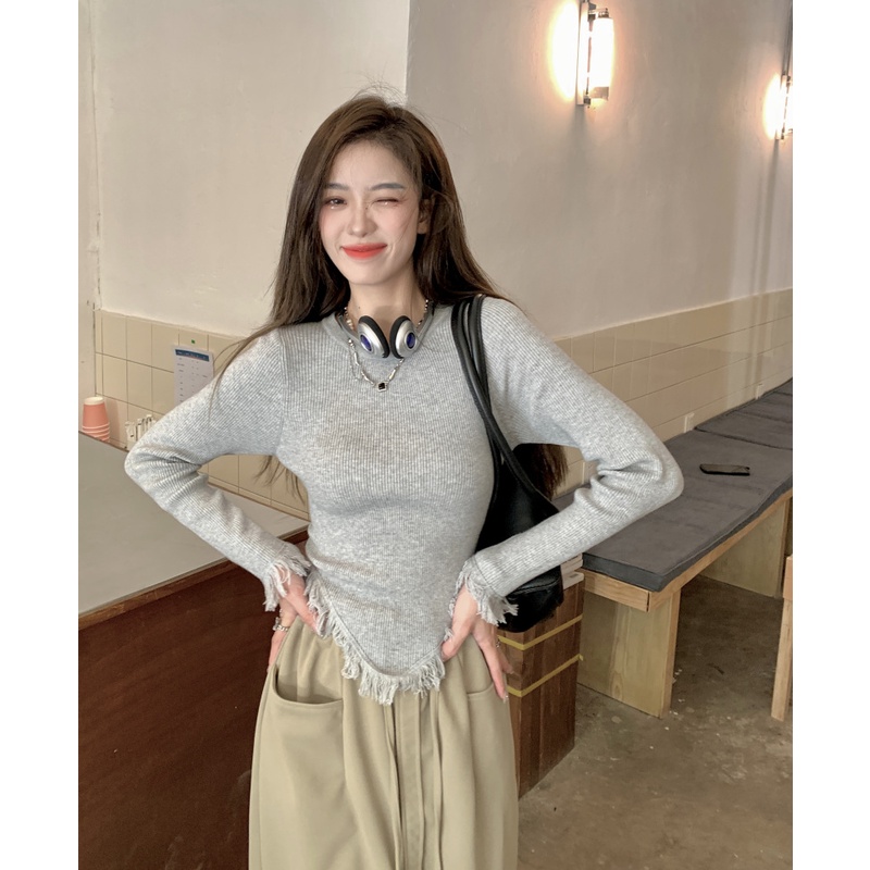 Porozi  Áo sweater dệt kim  tay dài màu đen phong cách Hàn Quốc thời trang cho nữ