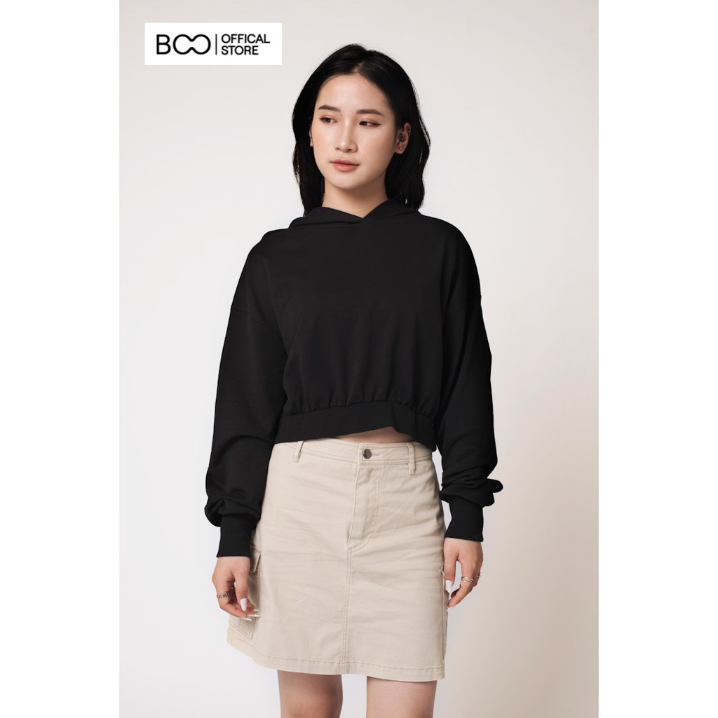 Áo hoodie nữ BOO nỉ có mũ, dáng croptop