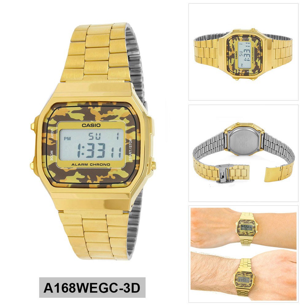 Đồng Hồ Nam Casio A168WEGC-3 Dây Kim Loại Mạ Vàng - Viền Mặt Xanh Quân Đội chống nướ