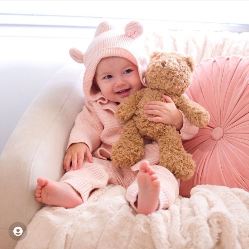 Áo len gap xuất dư hồng mũ tai gấu cho bé gái , áo len mềm đẹp co giãn nhẹ - tiệm nhà an