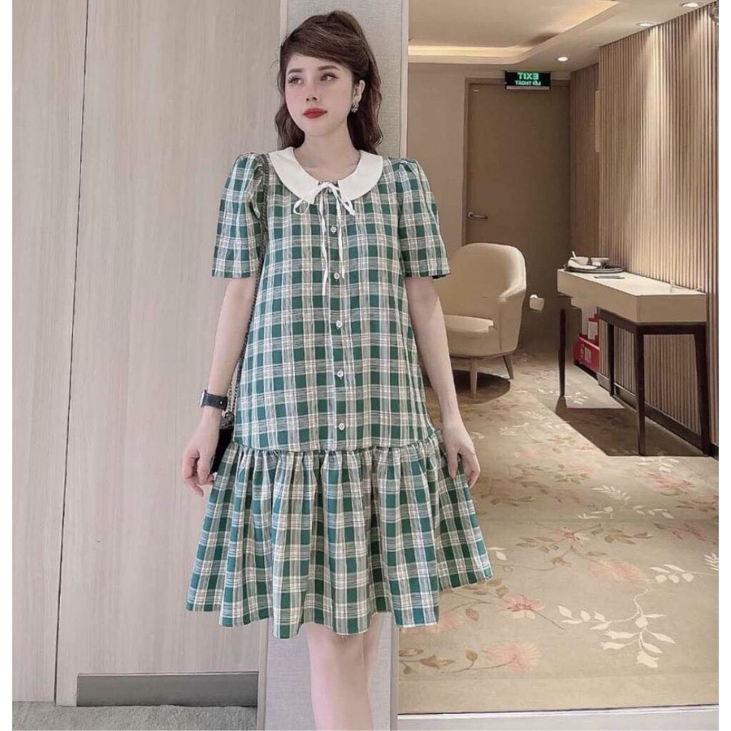 Đầm bầu xinh ❤️ Váy bầu bigsize thời trang công sở thiết kế xanh kẻ sọc chất cotton thô freesize từ 45 đến 70kg