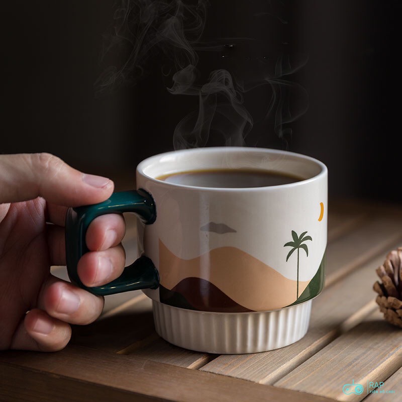 Cốc sứ trắng nâu vintage Cốc Cốc ly sứ họa tiết dễ thương dùng để uống nước pha cà phê, pha trà quà tặng bạn bè