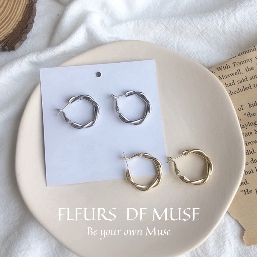 Khuyên tai xoắn mạ vàng sáng size vừa phong cách Retro Fleurs de Muse