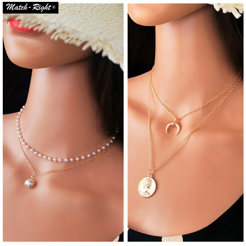 Multi Layer Chain Necklace for Women Double Layers Coin Portrait Pendant Choker Short Necklace #5040