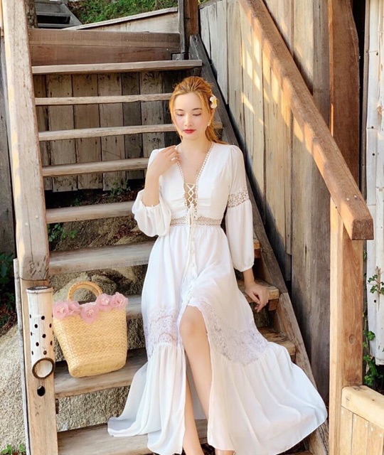 ĐẦM MAXI REN TRẮNG ĐAN DÂY NGỰC, VÁY DẠ HỘI, PROM TIỆC, DU LỊCH vintage boho kỉ yếu váy cưới