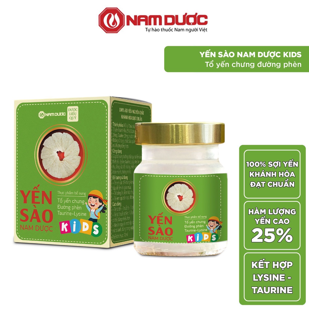 Yến sào Nam Dược Kids lọ 70ml tổ yến chưng đường phèn -Lysine và taurine,hỗ trợ tăng đề kháng,bổ sung dưỡng chất cho trẻ